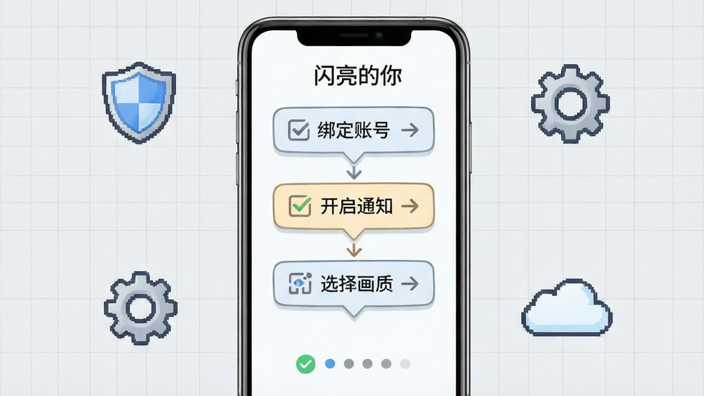 一幅以“闪亮的你”新手引导为主题的手机截图风格图,画面展示一部手机屏幕内出现分步提示气泡,气泡中写有“绑定账号”“开启通知”“选择画质”等文字,手机周围有盾牌、齿轮与云朵图标,背景为浅灰色网格,布局为竖屏居中,风格简洁教程风,细节包含勾选框、箭头指示与进度圆点,画质高清,干净,无多余元素