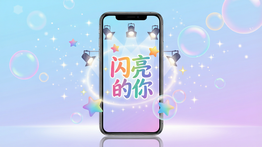 一幅明亮柔和的手机应用启动画面,画面中央放置一部竖屏智能手机,手机屏幕上显示“闪亮的你”彩色艺术字标题,周围环绕星星、光晕、舞台聚光灯和渐变气泡元素,背景为浅蓝到淡紫的渐变色,底部有柔光反射效果,整体布局居中对称,风格清新梦幻,细节包含漂浮的闪光粒子与半透明光斑,画质高清,干净,无多余元素