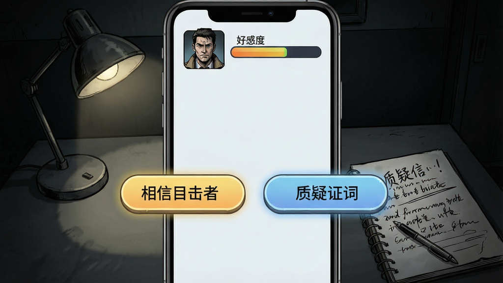 侦探冒险游戏剧情分支选择界面截图,画面主体是手机屏幕上显示两个对话选项按钮,左侧按钮写着“相信目击者”,右侧按钮写着“质疑证词”,背景是审讯室的暗色调场景,桌上有一盏台灯和笔录本。布局采用竖屏手机比例,选项按钮为圆角矩形,高亮显示。排版上方有角色头像和好感度指示条。风格为悬疑漫画风,细节包括台灯投射的阴影、笔录本上的潦草字迹。画质高清,画面干净,无多余元素。
