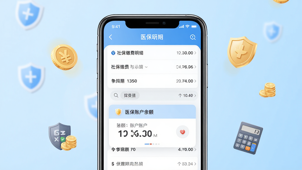 个人社保计算医保软件主界面截图,画面中央展示手机屏幕,屏幕内呈现社保缴费明细列表和医保账户余额卡片,背景为浅蓝色渐变,周围环绕金币、盾牌、计算器等小图标,整体风格简洁明亮,排版清晰,画质干净,无多余元素