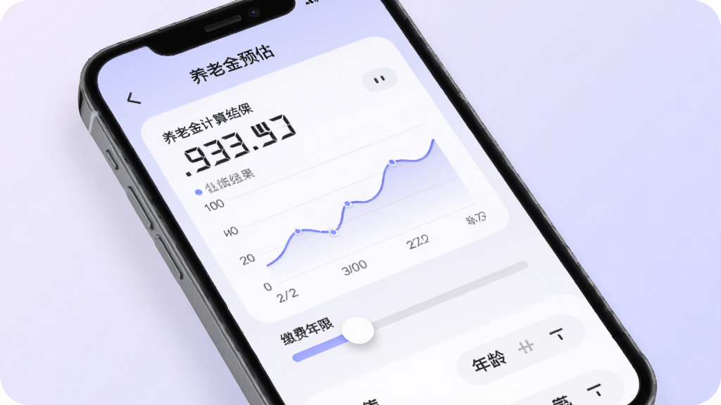 个人社保计算医保软件养老金预估界面,画面展示手机屏幕内养老金估算结果数字和趋势折线图,屏幕下方有缴费年限滑块和年龄选择器,背景为淡紫色渐变,风格柔和圆润,排版宽松,画质细腻,无多余元素