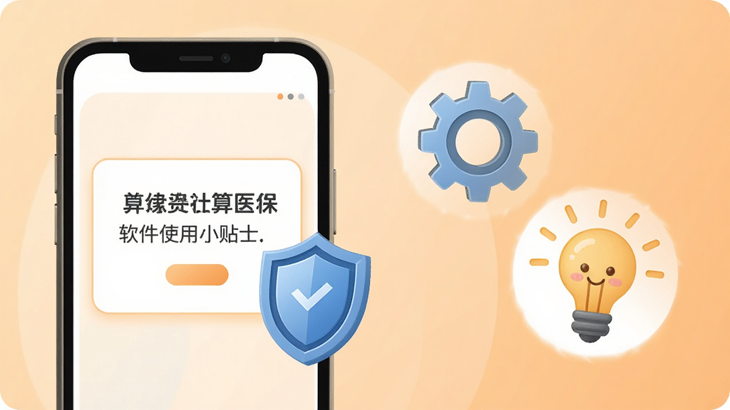 个人社保计算医保软件使用小贴士示意图,画面展示手机屏幕内提示框和盾牌图标,屏幕旁边有齿轮和灯泡图标,背景为浅橙色渐变,风格温馨友好,排版清晰,画质干净,无多余元素