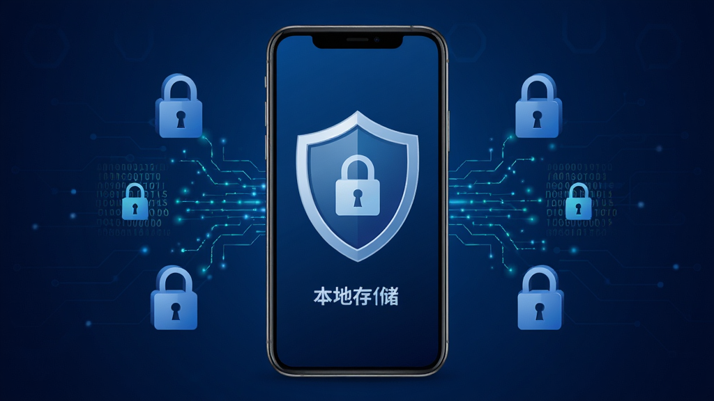 个人社保计算医保软件数据安全示意图,画面展示手机屏幕内盾牌图标和本地存储标识,屏幕周围有锁形图标和数据加密线条,背景为深蓝色科技感渐变,风格稳重专业,排版居中,画质高清,无多余元素