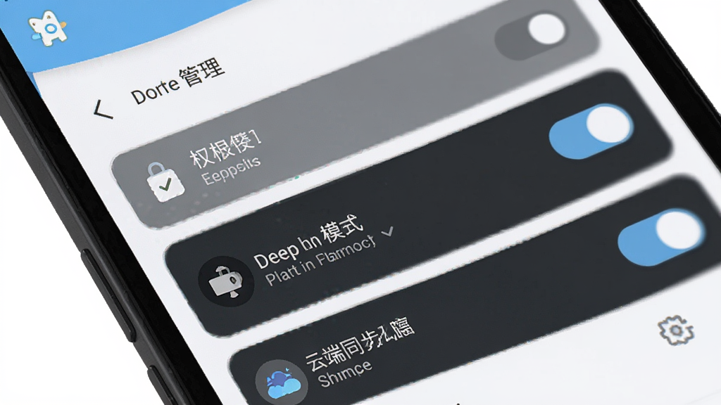 主体是手机屏幕显示搭搭的设置界面,布局为上下排列的选项列表,排版整齐,风格为扁平化UI设计,细节包括权限管理、深色模式、云端同步等开关按钮,画质高清,干净,无多余元素