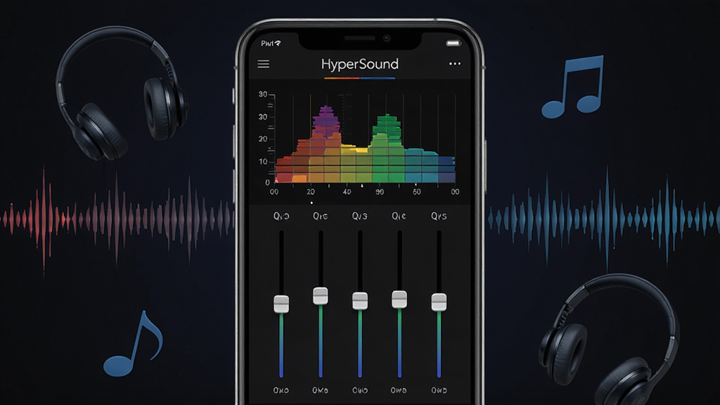 一张展示 HyperSound 软件主界面的图片,画面中央是一部智能手机,屏幕上显示着彩色音频均衡曲线和多个频段调节滑块,背景是深色渐变风格,周围环绕着耳机、音符和声波纹理元素,整体布局简洁清晰,风格为现代科技感,细节上突出均衡器的刻度与频段标识,画质高清,干净,无多余元素
