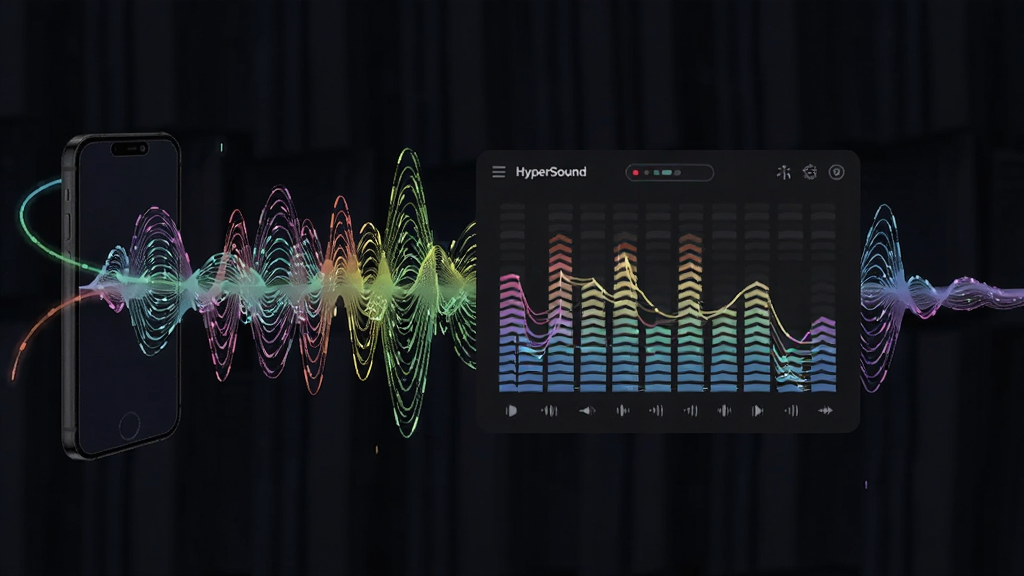 一幅展现 HyperSound 实时音效处理概念的图片,主体为声波从手机中传出并经过均衡器图形界面过滤的示意场景,布局采用左右流动式构图,风格为抽象科技插画风,细节上声波用彩色线条表示,均衡器界面悬浮在声波中央,画质清晰,干净,无多余元素