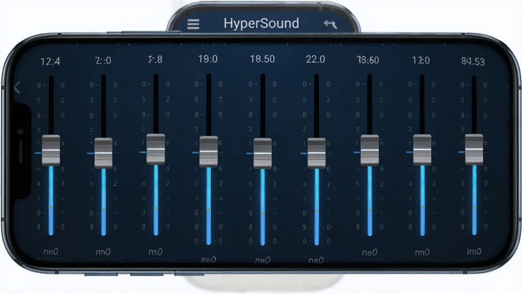 一张 HyperSound 多段均衡调节界面的图片,画面中心是手机屏幕,屏幕上排列着多个垂直滑块,每个滑块对应不同频率数值,背景为深蓝色调,布局对称工整,风格为专业音频软件风格,细节上滑块带有发光效果和数值标签,画质高清,干净,无多余元素