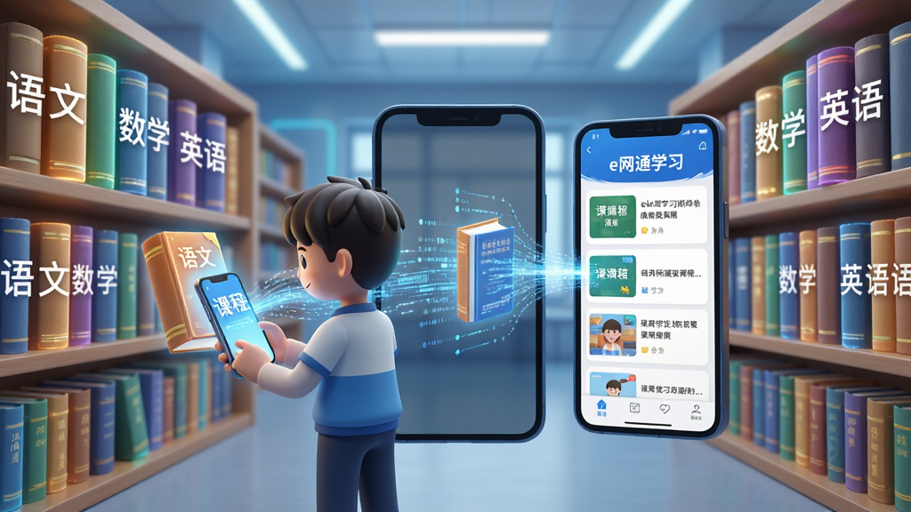 一幅AI生图,画面主体是一个虚拟的在线图书馆,书架上排列着标有“语文”“数学”“英语”等字样的发光书籍,一个学生模样的卡通人物正用手机扫描书籍,书籍化作数据流汇入手机屏幕,屏幕中显示“e网通学习”的课程列表,布局居中对称,风格科技感与教育感结合,细节丰富,画质高清,干净无多余元素