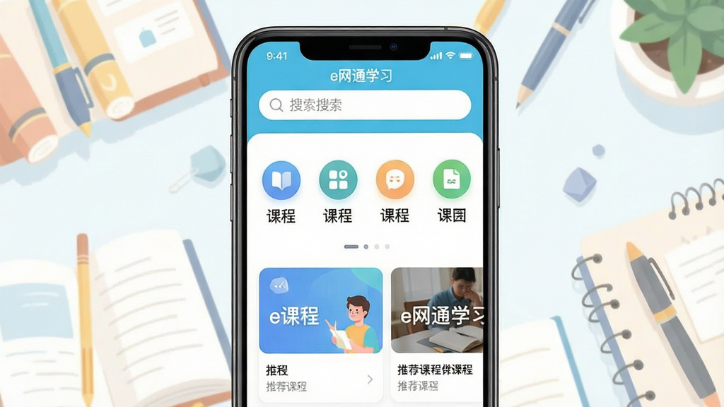 一张展示手机屏幕的图片,屏幕中央是“e网通学习”应用的主界面,界面设计简洁明快,顶部有搜索栏,下方排列着课程分类图标和推荐课程卡片,背景是柔和的书本与文具插画,整体风格清新现代,画质清晰,干净无多余元素