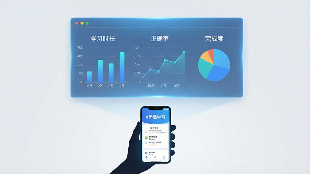 一幅数据可视化风格的图片,画面中央悬浮着一块半透明的蓝色光屏,光屏上显示着柱状图、折线图和饼图,分别标注着“学习时长”“正确率”“完成度”,光屏下方是一个手持手机的学生剪影,手机屏幕亮起“e网通学习”的学习报告页面,整体布局层次分明,风格简约商务,细节锐利,画质清晰,干净无多余元素
