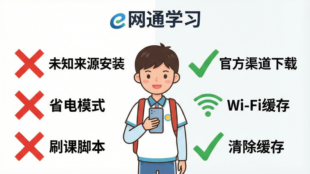 一张信息图风格的图片,画面被分为左右两栏,左栏用红色叉号标记“未知来源安装”“省电模式”“刷课脚本”等错误操作,右栏用绿色对勾标记“官方渠道下载”“Wi-Fi缓存”“清除缓存”等正确操作,中间站立一位拿着手机的卡通学生,顶部有“e网通学习”的标识,整体布局清晰,风格扁平化,细节明确,画质干净,无多余元素