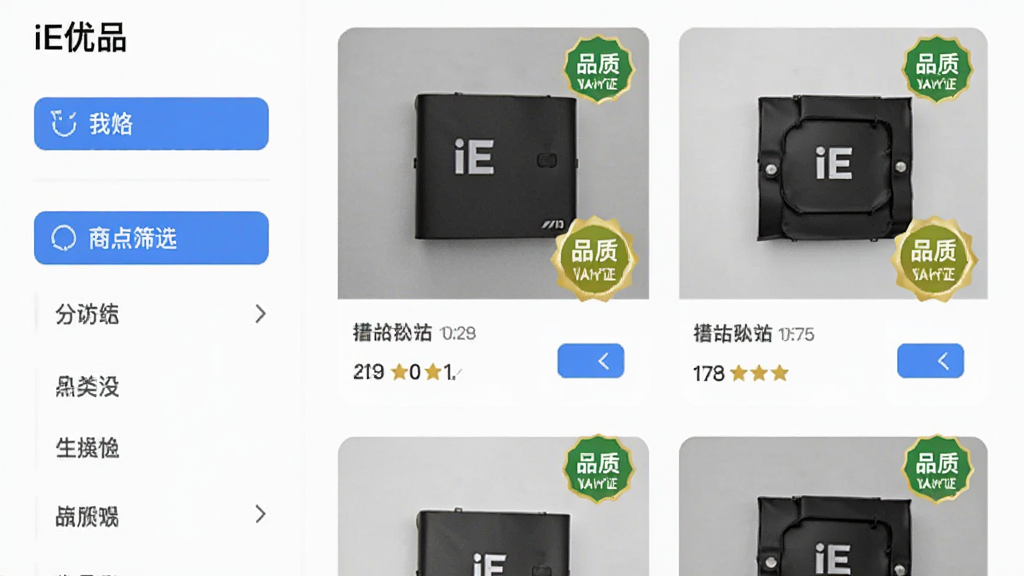 画面中央为iE优品应用的商品筛选页面,左侧为分类标签,右侧为商品卡片列表,卡片上带有品质认证徽章,布局采用左右分栏,风格简约商务,细节上筛选按钮高亮、商品缩略图清晰、认证标识醒目,画质干净无杂乱元素