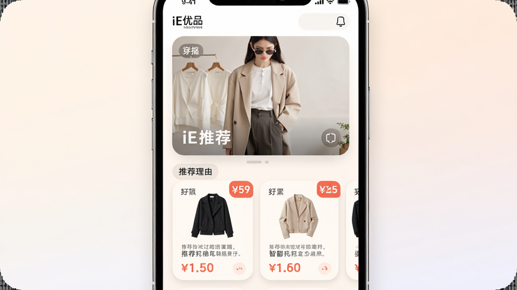 手机界面展示iE优品的智能推荐模块,上方为穿搭场景图,下方为配套商品卡片横向滑动,布局采用上下结构,风格柔和圆角,细节上推荐理由文字清晰、商品价格标签醒目、背景为浅色渐变,画质高清干净