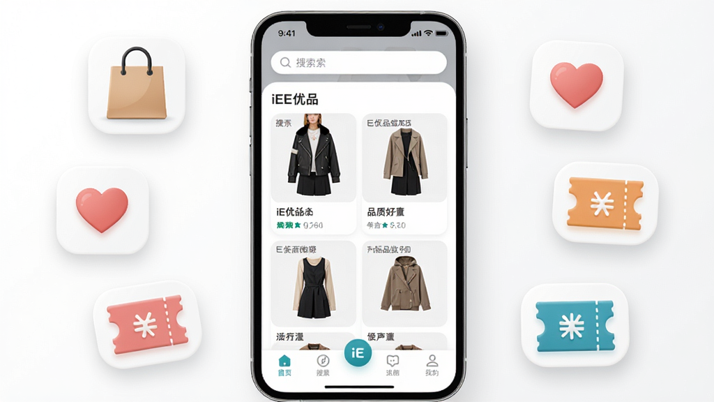 手机屏幕中央展示iE优品应用主界面,顶部搜索栏,中部为时尚服饰与品质好物商品网格,底部导航栏,周围环绕购物袋、心形收藏、优惠券图标,整体布局居中对称,风格清新现代,细节上商品图片清晰、按钮圆润、配色以白灰为主点缀品牌色,画质高清干净无多余元素