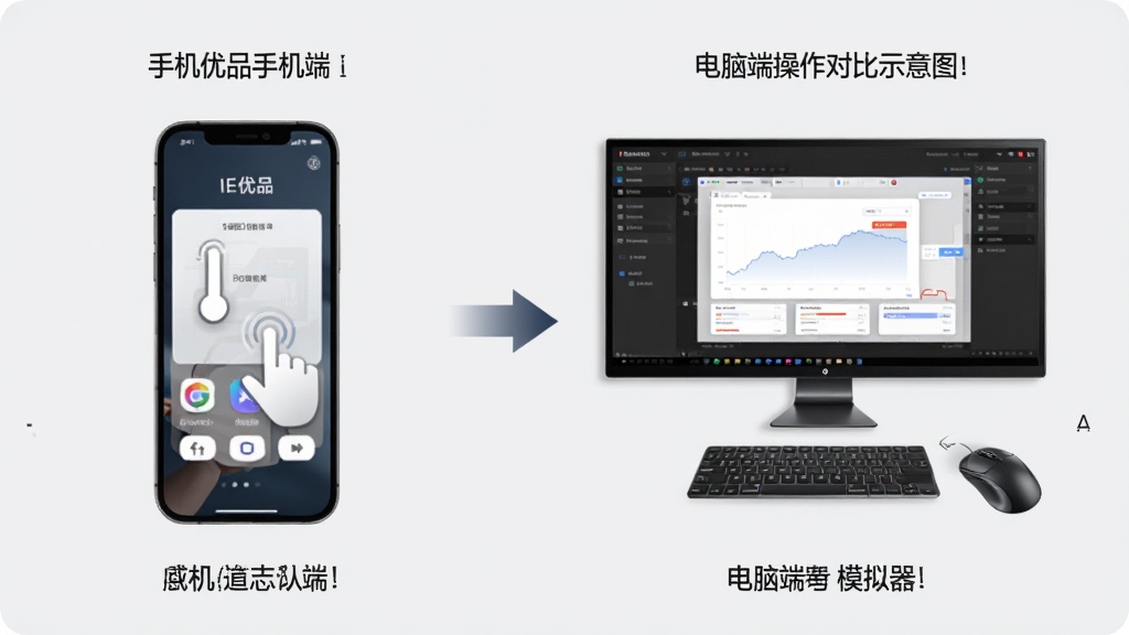 iE优品手机端与电脑端操作对比示意图,左侧为手机触控界面,右侧为电脑模拟器界面,中间用箭头连接,布局左右对照,风格简约商务,细节上手机端突出滑动操作、电脑端突出鼠标点击、背景为浅灰,画质清晰干净无多余元素
