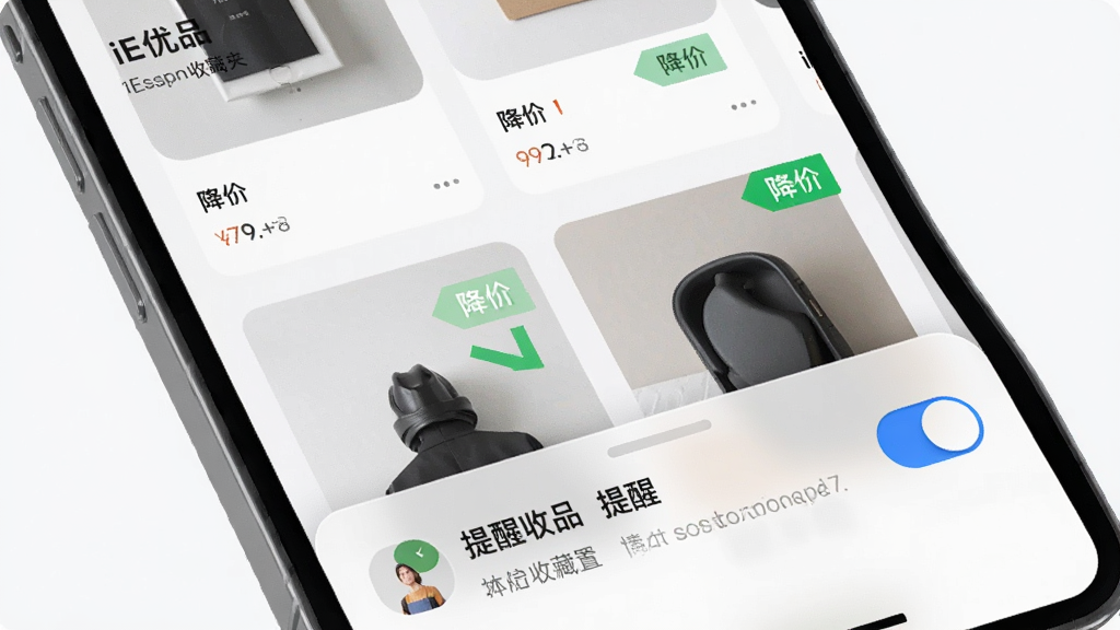 手机屏幕展示iE优品收藏夹页面,商品卡片右上角带有降价标签,底部弹出提醒设置面板,布局为卡片流加浮层,风格浅灰质感,细节上降价箭头为绿色、提醒开关为蓝色、商品图片清晰,画质干净无杂乱