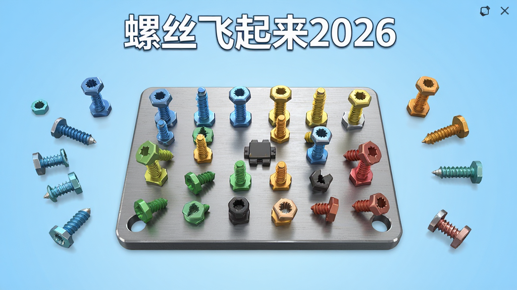 螺丝飞起来2026软件主界面预览图,画面中央展示一块带有多种颜色螺丝的金属面板,周围散落着待安装的螺丝零件,背景为浅蓝色渐变,顶部显示游戏名称“螺丝飞起来2026”,整体风格简洁明快,UI布局清晰,细节精致,画质高清,干净无多余元素