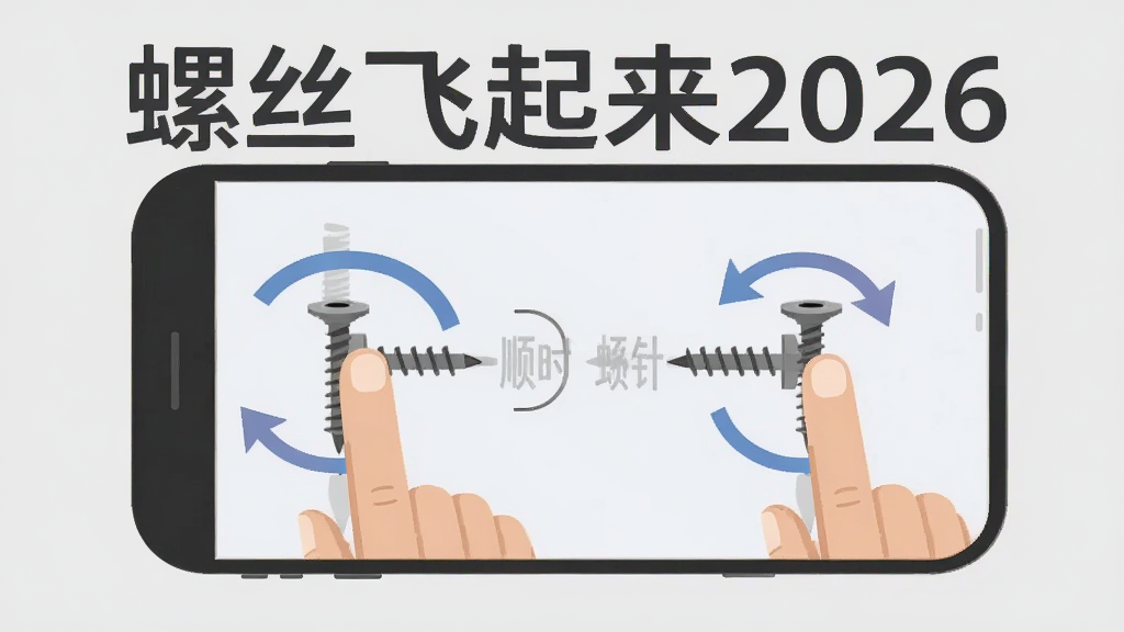 螺丝飞起来2026新手操作示意图,画面展示手机屏幕中手指滑动拧螺丝的动作分解,旁边配有箭头标注顺时针和逆时针方向,背景为浅灰色,图中包含“螺丝飞起来2026”文字标识,风格为扁平化教学插图,排版清晰,画质干净,无多余元素