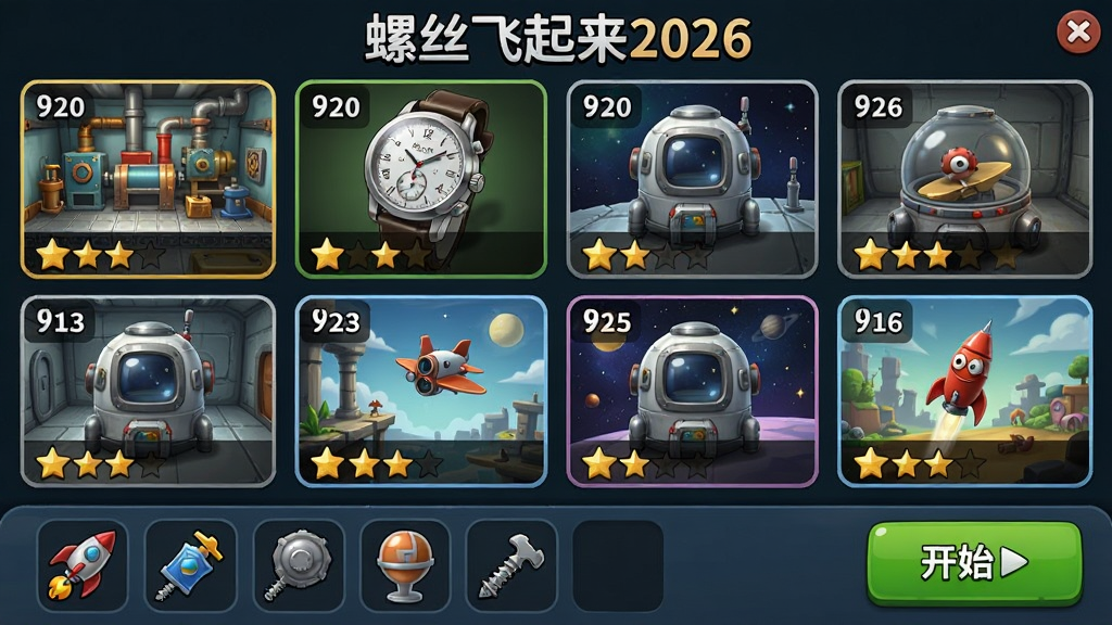 螺丝飞起来2026关卡选择界面,画面以网格形式展示多个主题场景缩略图,包括工厂、手表、太空舱等,每个缩略图上标注关卡编号和星级,界面底部有道具栏和开始按钮,顶部显示“螺丝飞起来2026”字样,整体采用卡通与写实结合的风格,色彩丰富,布局整齐,画质高清,无杂乱元素