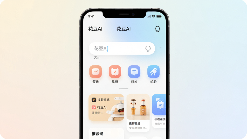 主体为一部安卓手机屏幕,屏幕上显示花豆AI应用的主界面,界面中包含对话输入框、功能图标和推荐卡片;布局为手机正面居中展示,背景为浅色渐变;排版简洁,顶部为软件名称“花豆AI”;风格为现代科技感UI展示风格;细节包括圆角图标、柔和阴影、清晰的文字标签;画质为高清渲染,干净无多余元素
