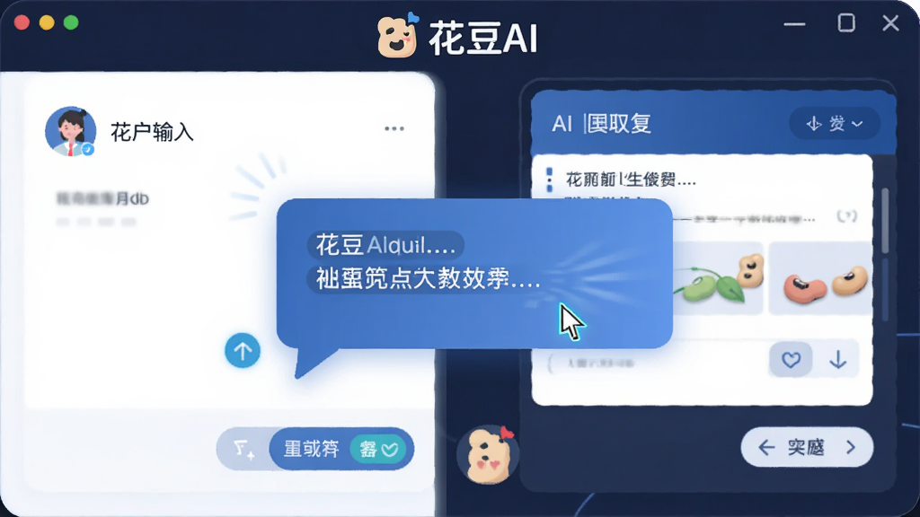 主体为花豆AI软件对话界面截图风格插画,画面中央是一个对话气泡正在生成文字内容;布局为左右分栏,左侧为用户输入区,右侧为AI回复区;排版上方有“花豆AI”标识;风格为扁平化科技插画;细节包括光标闪烁效果、文字逐字出现的动效感、简洁的功能按钮;画质为高清,干净无多余元素