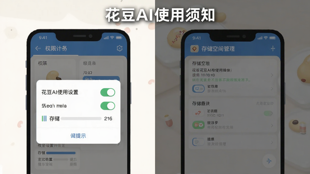 主体为花豆AI移动端操作界面截图风格插画,画面中展示权限设置弹窗和存储空间管理界面;布局为左右两屏对比展示;排版上方标注“花豆AI使用须知”;风格为扁平化手机UI展示风格;细节包括权限开关、存储条、提示文字;画质为高清,干净无多余元素