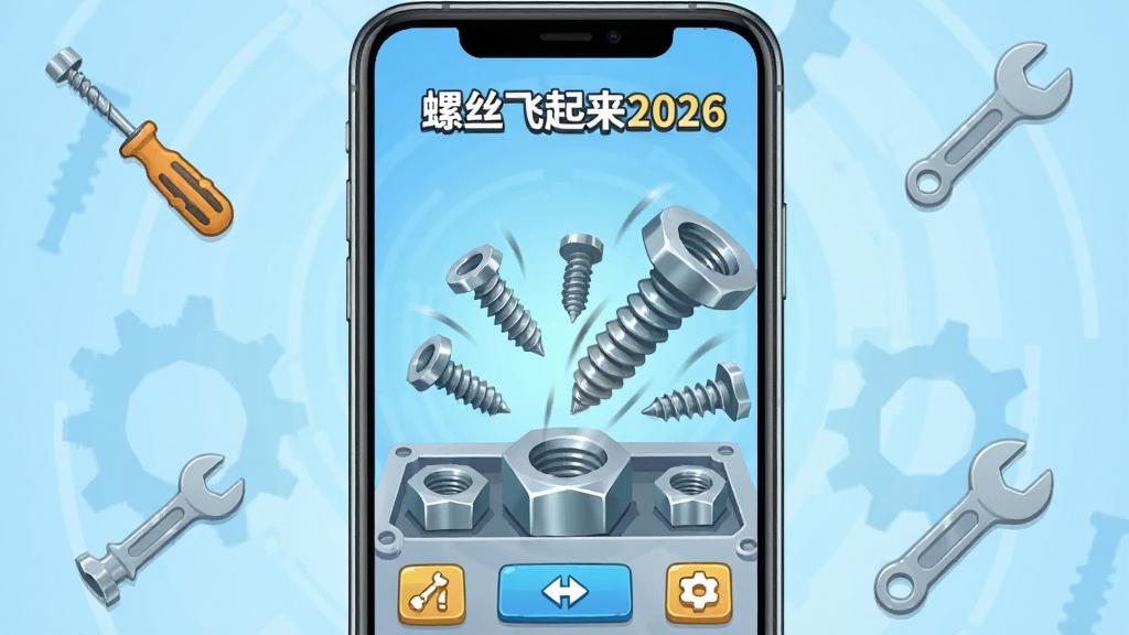 画面中央展示一部智能手机,屏幕上显示“螺丝飞起来2026”游戏界面,界面中有多个金属螺丝、螺母和机械面板,螺丝呈现被拧出后飞起的动态效果,背景为浅蓝色科技感渐变,布局采用居中构图,手机周围漂浮着螺丝刀、扳手等工具图标,风格为简洁明快的扁平化插画,细节包括螺丝纹理、金属反光和游戏UI按钮,画质清晰干净,无多余元素