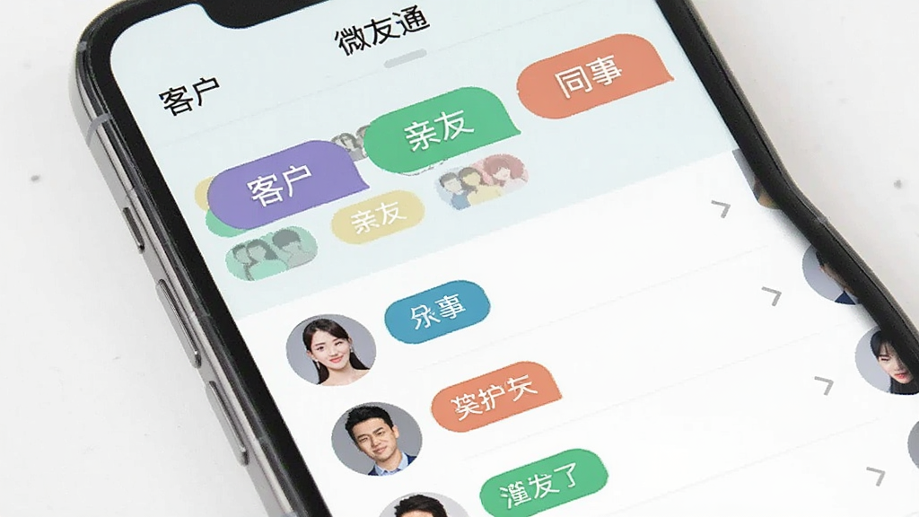 手机屏幕显示微友通的标签管理页面,画面上有多个彩色标签按钮,分别标注“客户”“亲友”“同事”等字样,下方是带有标签的联系人列表,界面风格清新浅色,布局整齐,画质清晰干净,图片中文字标注为“微友通”