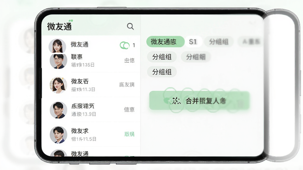一部手机屏幕显示微友通的通讯录整理界面,左侧是联系人列表,右侧是分组标签,画面中间有合并重复联系人的操作按钮,界面配色为白色与淡绿色搭配,整体布局清晰,风格简约现代,画质干净清晰,图片中文字标注为“微友通”