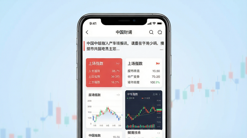 一张手机屏幕展示财经资讯应用的界面,画面中央是手机正视图,屏幕内显示中国财经应用首页,包含滚动新闻标题、股市指数卡片和图表元素,背景为简洁的浅蓝色渐变,整体风格现代商务,细节清晰,画质干净,无多余元素