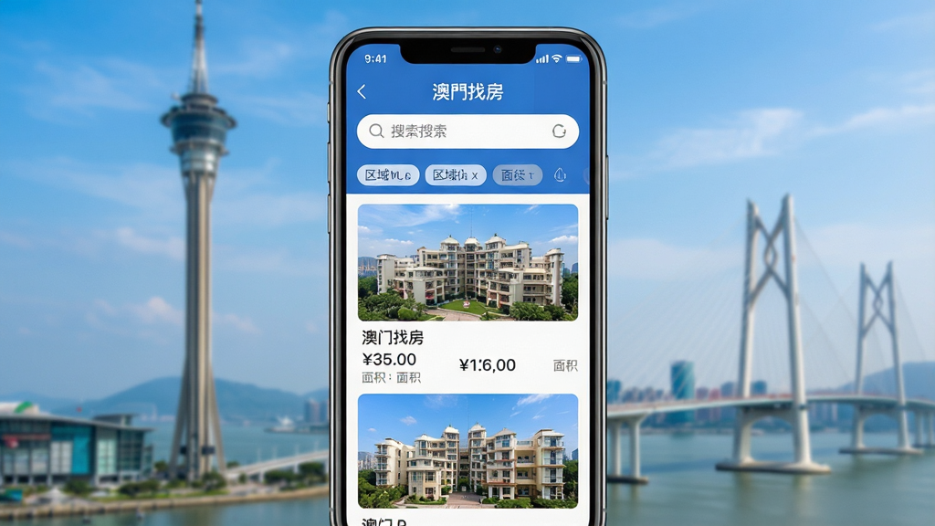 一幅展示澳门城市天际线的手机应用界面截图,画面中央是一部智能手机,屏幕内显示“澳找房”APP的房源列表页面,页面布局包含搜索栏、区域筛选标签和房源卡片,卡片上有房屋图片、价格和面积信息。背景是澳门旅游塔和跨海大桥的虚化景象,整体风格现代简洁,色彩以蓝色和白色为主,细节清晰,画质干净,无多余元素,适合作为软件下载站的预览图。
