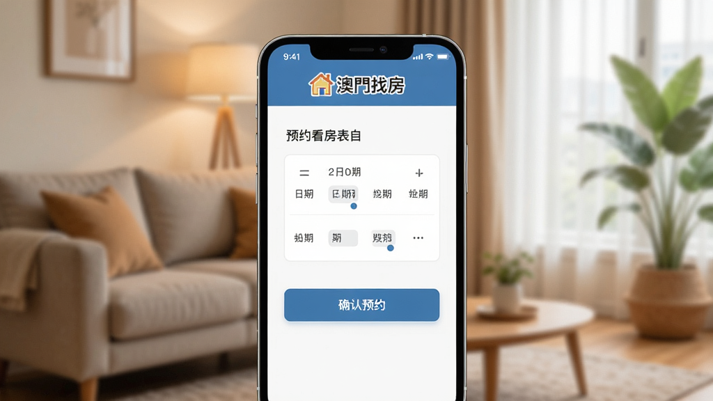 一张展示“澳找房”APP预约看房功能的AI生成图片,画面主体是手机屏幕,屏幕内显示一个预约看房表单,包含日期选择器和“确认预约”按钮,顶部有“澳找房”标志。手机背景是温馨的家居环境,风格生活化,色彩柔和,细节清晰,画质干净,无多余元素。