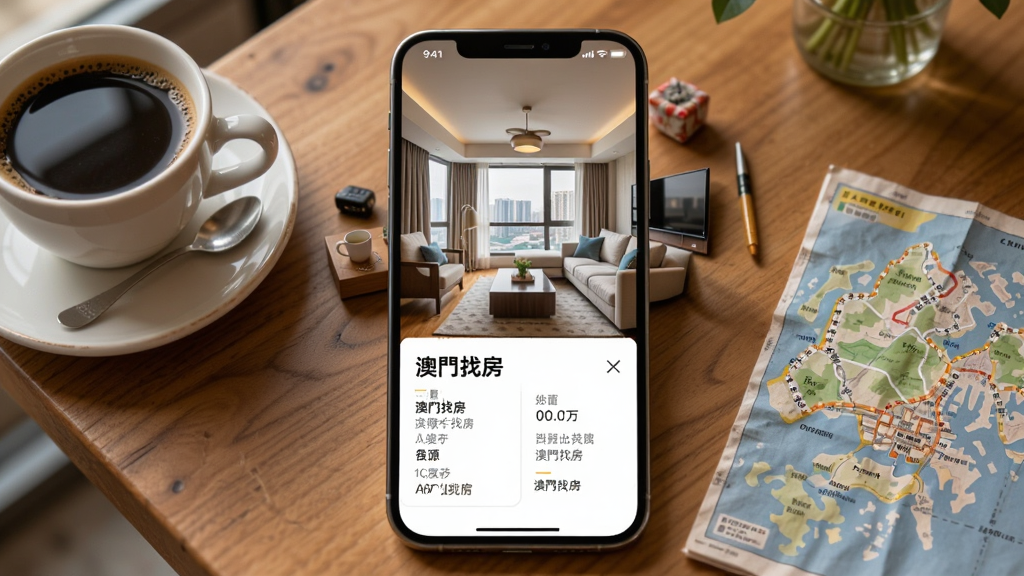 一张以“澳找房”APP房源详情页为主题的AI生成图片,画面主体是一部手机,屏幕显示一套澳门高层住宅的客厅实景照片,照片下方有“澳找房”字样和房源参数列表。手机放置在木质桌面上,旁边有一杯咖啡和一份澳门地图,布局居中,风格温馨写实,细节丰富,画质干净,无多余元素。