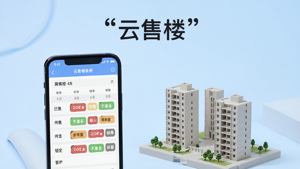 一部手机屏幕中展示云售楼APP的房源销控表格,表格内用不同颜色标注已售、待售、锁定等状态,手机旁边放置一个简化的楼盘楼栋模型,背景为浅蓝色渐变,风格简洁明快,画面中央上方用引号标注“云售楼”字样,画质清晰干净,无多余装饰元素