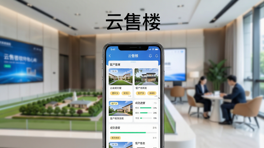 一张展示云售楼软件核心全貌的场景图,主体是一部竖直摆放的智能手机,屏幕中显示云售楼APP的房源列表与销控看板界面,布局为手机居中、背景是虚化的现代售楼处沙盘与洽谈区,排版采用上下结构上方留白放置“云售楼”三个字,风格为清爽商务科技感,细节包括屏幕内可见房源卡片、客户标签、成交进度条等元素,画质高清干净无多余元素