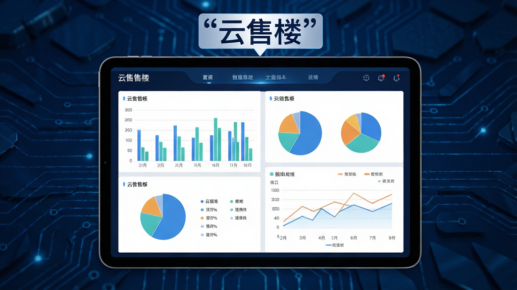 一幅展示云售楼数据看板界面的图片,主体为一部横屏平板电脑显示柱状图、饼图与折线图组合的数据面板,布局为平板居中、背景为深蓝色科技纹理,风格为商务数据可视化,画面中图表上方用引号标注“云售楼”字样,画质清晰锐利干净利落