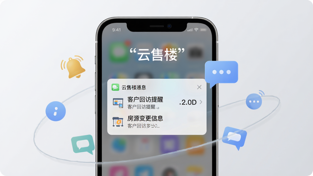 一部手机屏幕弹出云售楼消息通知卡片,通知内容显示客户回访提醒与房源变更信息,手机周围环绕铃铛与对话气泡图标,布局为手机居中、背景为浅灰色柔和渐变,风格为简洁UI展示,画面顶部用引号标注“云售楼”,画质高清干净无多余元素