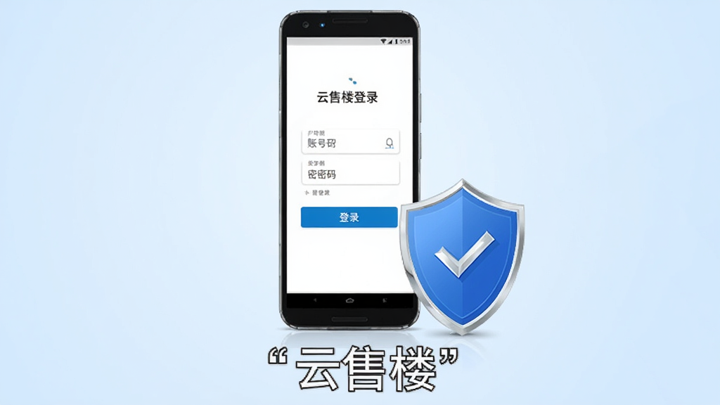 一部安卓手机展示云售楼登录界面,屏幕中可见账号密码输入框与登录按钮,手机旁边放置一个盾牌图标象征安全验证,布局为手机居中、背景为淡蓝色渐变,风格为简洁商务,画面底部用引号标注“云售楼”,画质清晰干净无杂乱元素