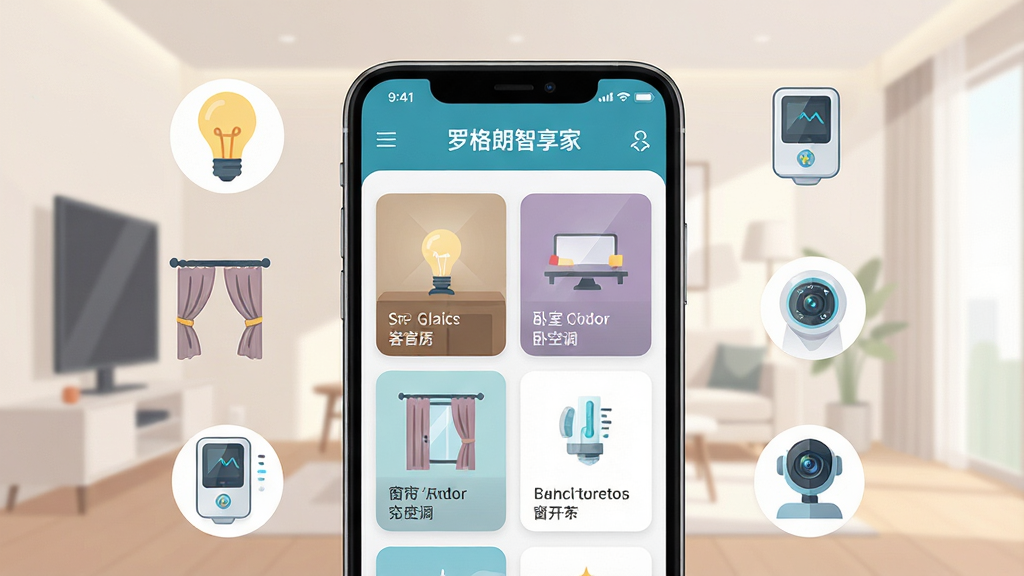画面中央展示一部智能手机,屏幕上显示“罗格朗智享家”APP的主控界面,界面中包含客厅灯光、卧室空调、窗帘开合等智能设备卡片。手机周围环绕着简洁的智能家居图标,如灯泡、窗帘、温控器、摄像头。背景为现代简约风格的客厅场景,浅色调,光线柔和。布局采用居中构图,手机为视觉焦点。风格为科技感扁平插画,细节精致,文字清晰。画质高清,干净,无多余元素。