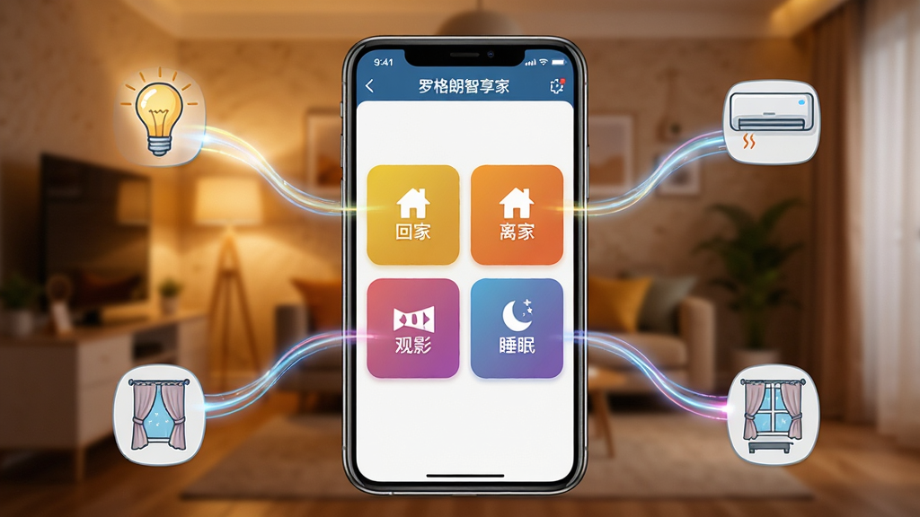 画面展示“罗格朗智享家”APP中的场景设置界面,手机屏幕显示四个彩色场景按钮,分别标注“回家”“离家”“观影”“睡眠”。按钮周围有动态光效连接至灯泡、空调、窗帘等设备图标。背景为温馨的家居环境虚化图,暖色调灯光。构图以手机为中心,四周设备图标呈放射状排列。风格为写实与插画结合,细节丰富,文字清晰。画质高清,干净,无多余元素。