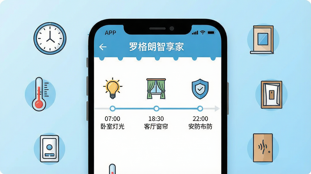 一幅信息图风格插画,画面中央为“罗格朗智享家”APP的定时任务设置页面,显示时间轴和多个设备图标。时间轴上标注“07:00 卧室灯光”“18:30 客厅窗帘”“22:00 安防布防”。周围环绕时钟、温度计、门窗传感器等图标。背景为浅蓝色渐变,风格简洁明快。画质清晰,干净,无多余元素。