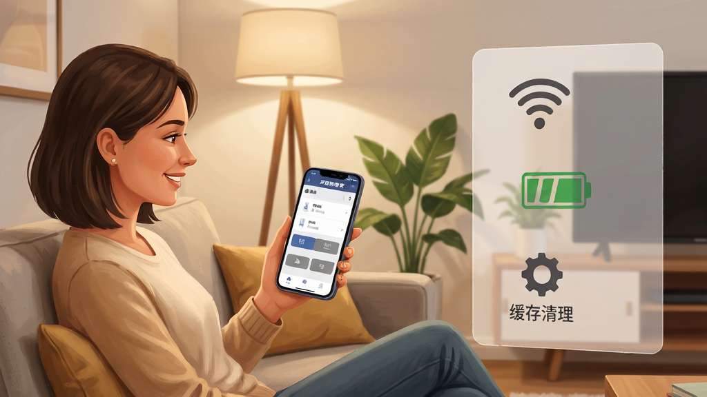 画面展示一位用户坐在沙发上,手持手机操作“罗格朗智享家”APP,手机屏幕显示设备列表和场景按钮。用户表情轻松,周围环境为现代客厅,有落地灯和绿植。画面右侧以半透明浮层形式列出常见问题图标,如WiFi信号、电池、缓存清理等。布局为人物居左,浮层居右。风格为温馨写实插画,细节丰富,文字清晰。画质高清,干净,无多余元素。