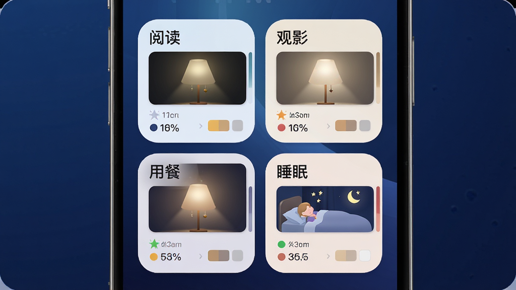 手机屏幕展示inSona场景模式选择界面,四个大尺寸圆角卡片分别标注