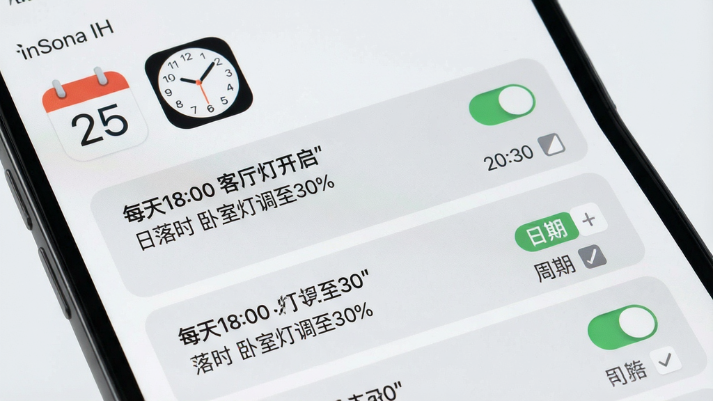 手机界面展示inSona定时任务设置页面,日历与时钟图标组合,下方列出多条自动化规则卡片,标注