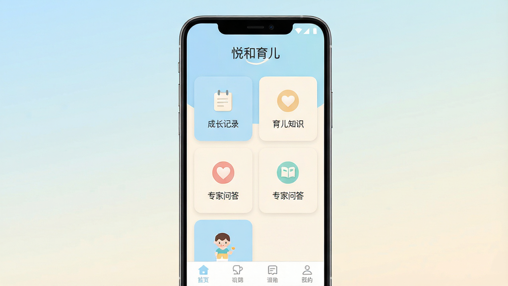 整体展示“悦和育儿”手机应用界面,主体为一部竖屏安卓手机,屏幕内呈现柔和的浅蓝色与米白色搭配的育儿APP首页,页面顶部有“悦和育儿”文字标识,中部为功能卡片式布局,包含成长记录、育儿知识、专家问答等图标,底部为导航栏,背景为干净的纯色渐变,风格清新简约,细节清晰,画质干净,无多余元素,适合作为软件下载站预览图。