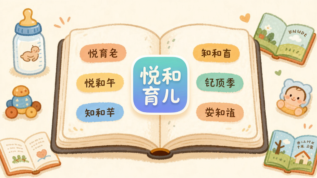 画面中心为一本展开的虚拟育儿百科全书,书页上浮现出“悦和育儿”应用图标和多个育儿知识分类标签,周围环绕着奶瓶、玩具、绘本等柔和插画元素,布局居中对称,风格温暖手绘感,细节丰富但画面干净,画质清晰,无多余装饰,适合作为功能特色配图。