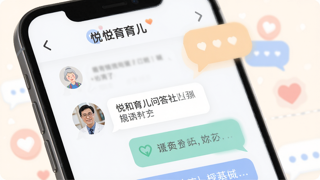 展示“悦和育儿”问答社区界面,画面为一部手机屏幕特写,屏幕内显示专家头像和问答气泡,背景有柔和的对话气泡和爱心图标,主体突出,布局简洁,风格现代扁平化,细节清晰,画质干净,无多余元素,体现专业与温暖并存的氛围。