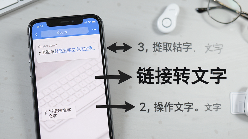 一张展示链接转文字新手操作步骤的图片,画面中手机屏幕显示着从粘贴链接到提取文字的完整流程截图,旁边有箭头标注操作顺序,背景是浅灰色桌面,整体风格教程感强,画质清晰,干净无多余元素,图片中文字为