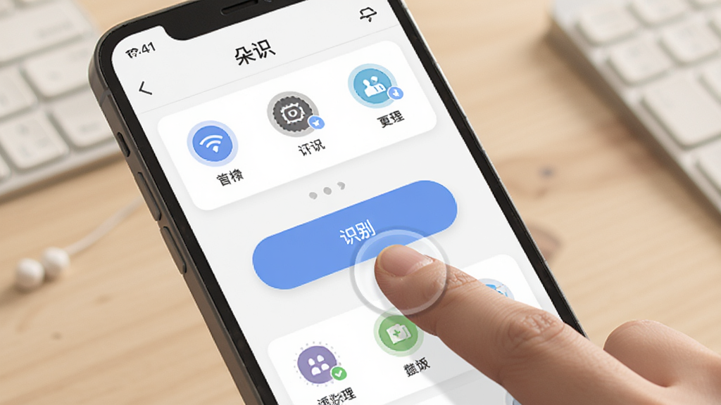 主体是“朵识”应用操作界面,手指点击屏幕中央的识别按钮;布局为手机特写,背景为简洁桌面;排版突出按钮与功能图标;风格为轻量扁平化设计;细节包括点击动效、功能图标、状态栏;画质清晰,干净,无多余元素