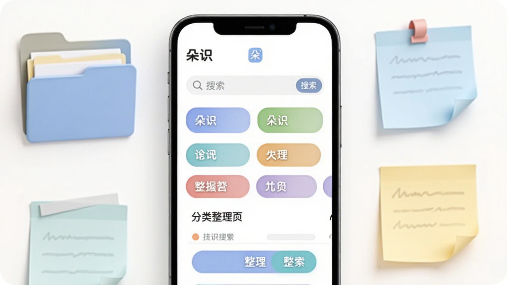 主体是“朵识”应用中的分类整理页面,屏幕显示多个彩色标签卡片与文字列表;布局为手机屏幕居中,周围有文件夹与便签元素;排版整齐,上方为“朵识”名称;风格为柔和圆角卡片风格;细节包括标签、搜索框、整理按钮;画质清晰,干净,无多余元素